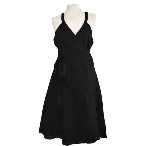 NWT J. Crew Linen Cotton Wrap Dress Black Belted Sweet V Neck Sz L Minimalist - Picture 1 of 9